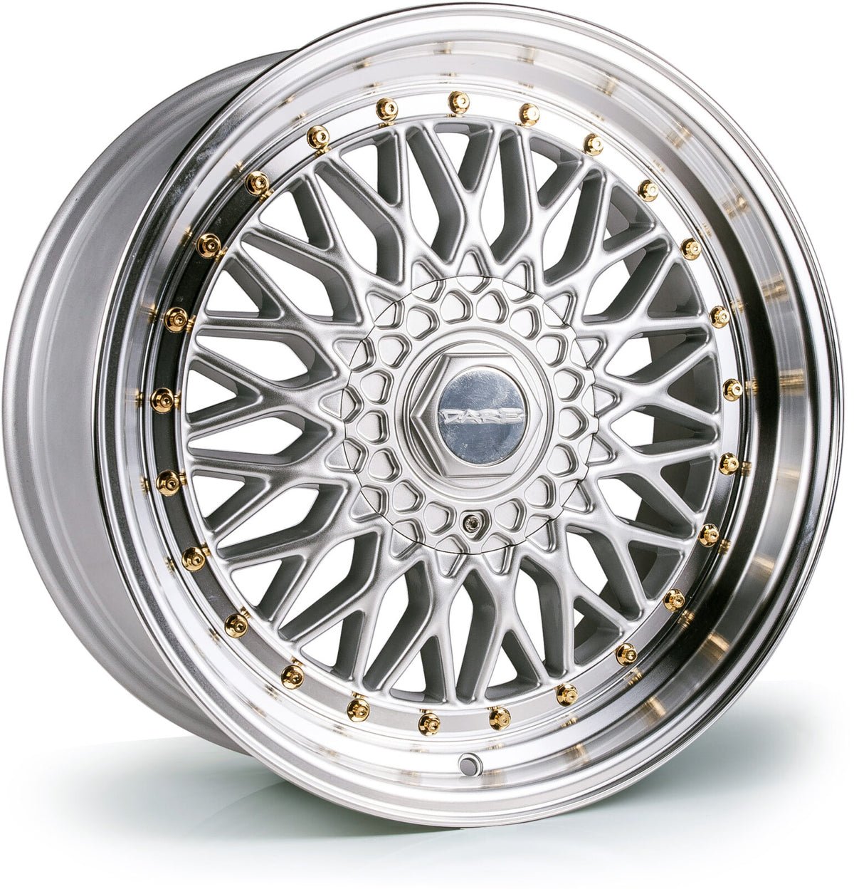 dare-rs-silver-gold-polished-lip-gold-rivets_254a81cd-5e46-4c84-b416-766a1637cce3.jpg Dare DRRS 17x8.5 ET20 5x112/5x120 Silver Polished / Gold Rivets - Image 1